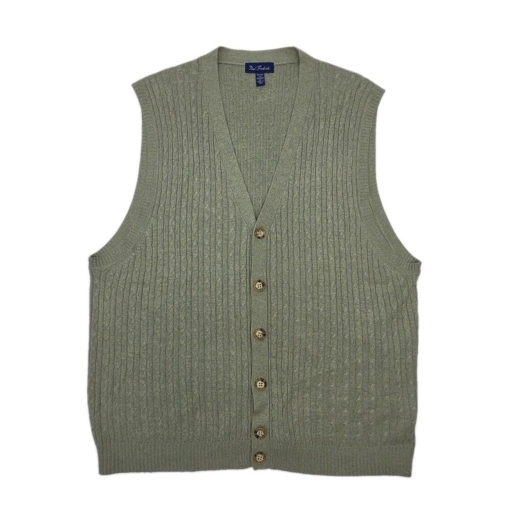 Paul Fredrick Sweater Vest Green Cable Knit Men Sz XL Button Silk Cashmere Blend